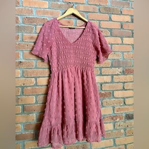 BTFBM Women’s V Neck Smocked Swiss Dot Dress - Medium